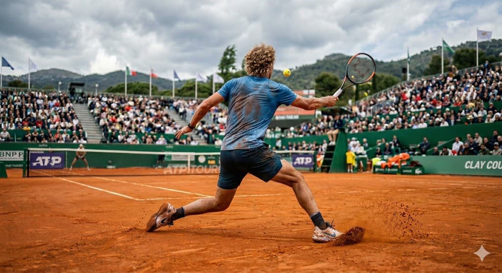 A professional tennis player with a clay-stained blue shirt slides across a red clay court during a high-intensity match at a stadium, kicking up dust while hitting a forehand